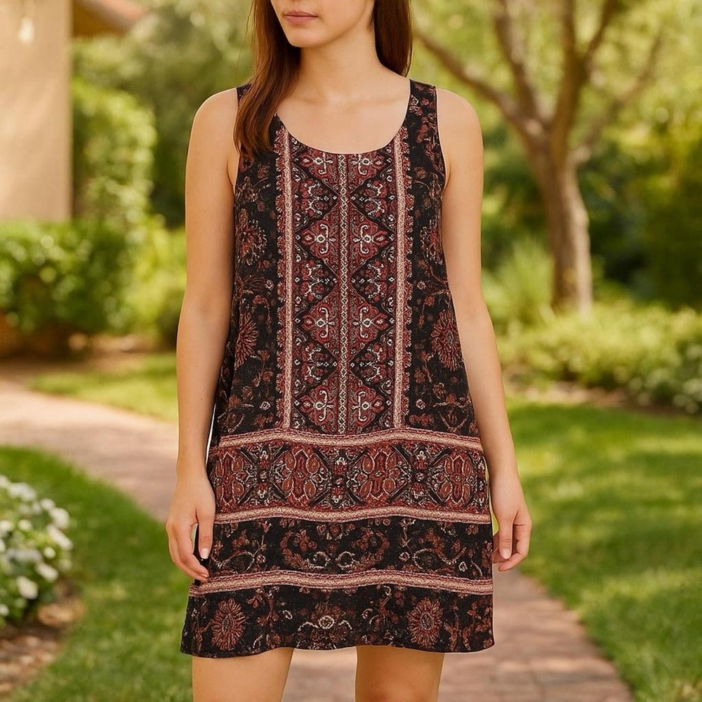 Altar’d State Boho Mini Dress – Sleeveless A-Line, Earthy Floral Print, Size S